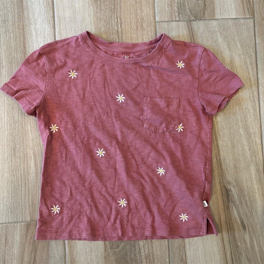 GAP Kids Girls T-Shirt Size L Pink Mauve Daisy Embroidered Pocket Tee